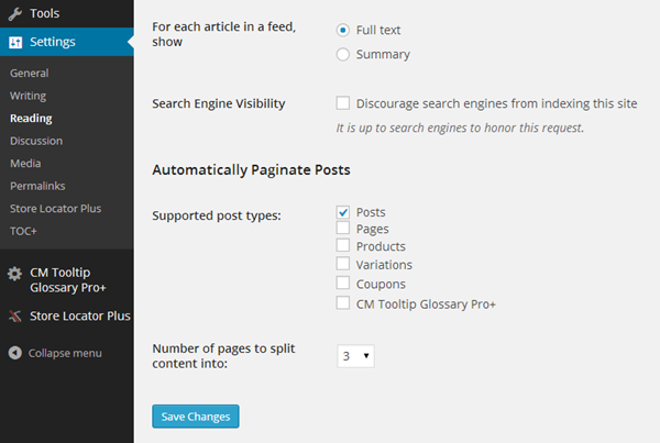 Table of Contents Auto Paginate Settings